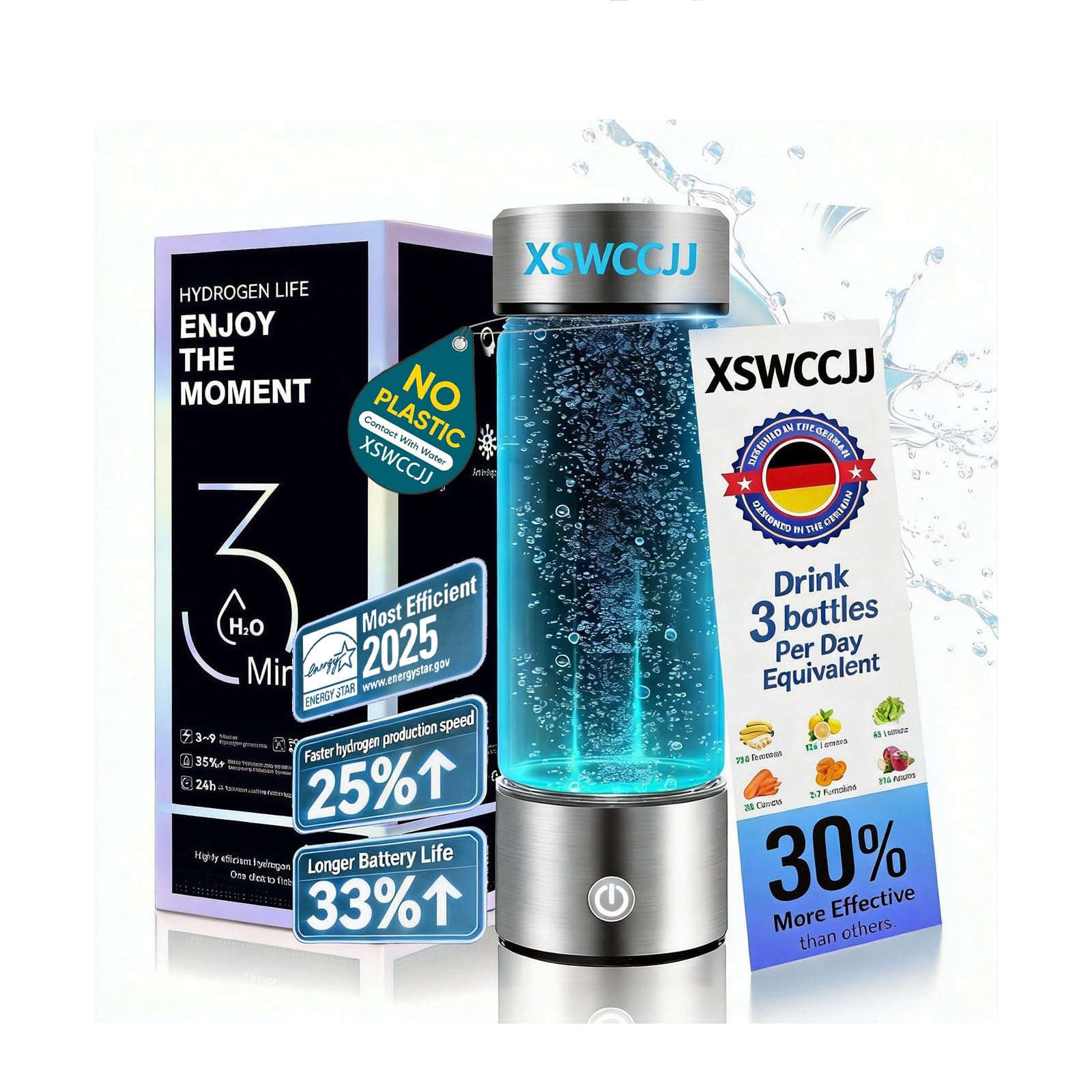9.0 Neuer Wasserstoff Wasserflasche【SPE - Technologie der 9 Generation - Wasserstoff Wasser in 3 Minuten】 3000+PPB Hydrogen Water Bottle Mit TOP SPE PEM-Technik,USB Wiederaufladbarer 450ML