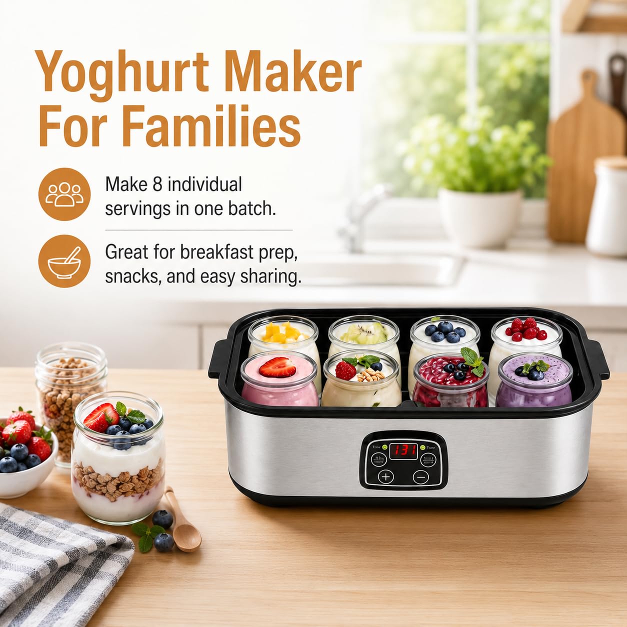 Yogurtiera, 8 Barattoli di Vetro, 20-52°C, Timer 48H