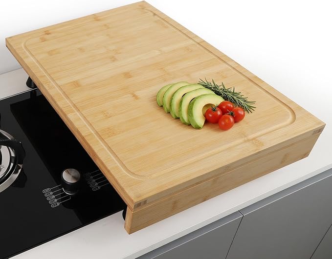 BAMOTTO CRAFTBAMBOO 30 x 21 in Extra Large Bamboo Cutting Board, Stovetop Cover, Sink Cover, Noodle Board with Detachable Legs & Detachable Non-Slip Front Lip for Kitchen Countertop