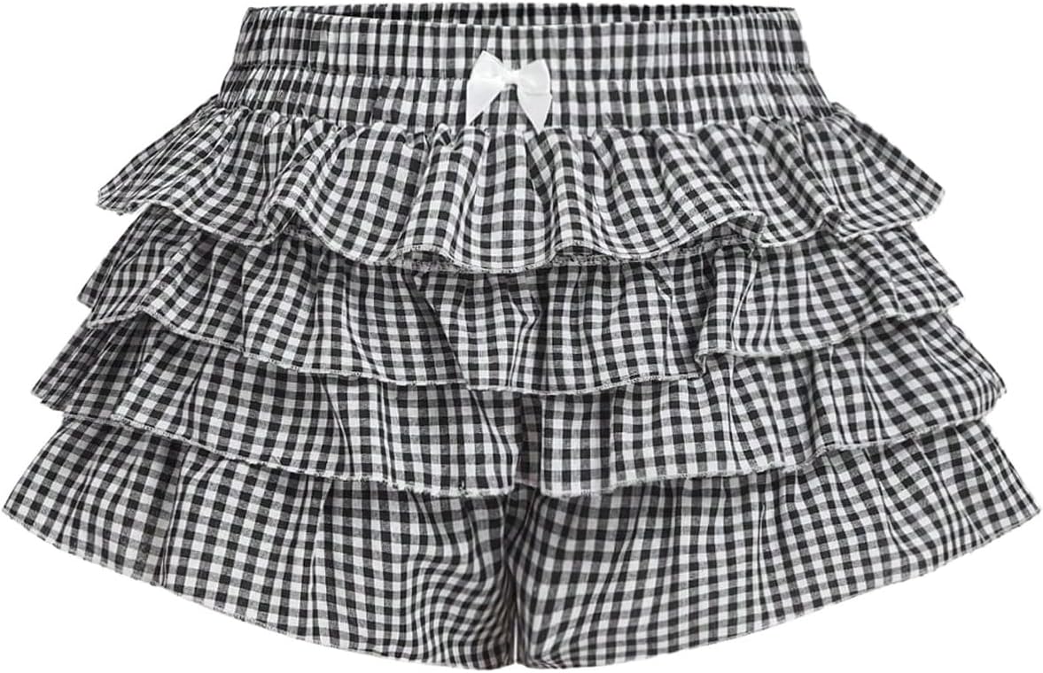 Verdusa Women's Plus Size Y2k Gingham Plaid Mini Shorts Tiered Layered Ruffled Shorts