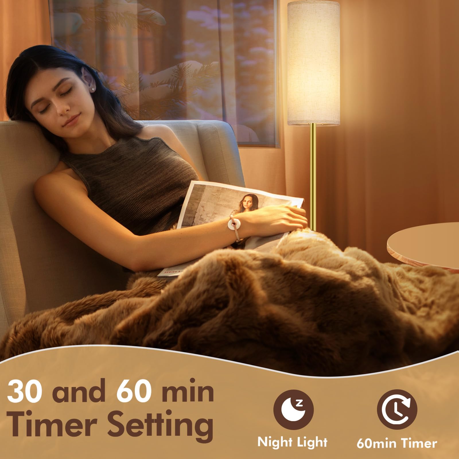 Karjoefar Floor Lamp for Living Room, Modern Floor Lamp with Remote Control, Stepless Dimmable 12W Bulb Included, Standing Lamp Tall Lamps for Living Room Bedroom (Gold)