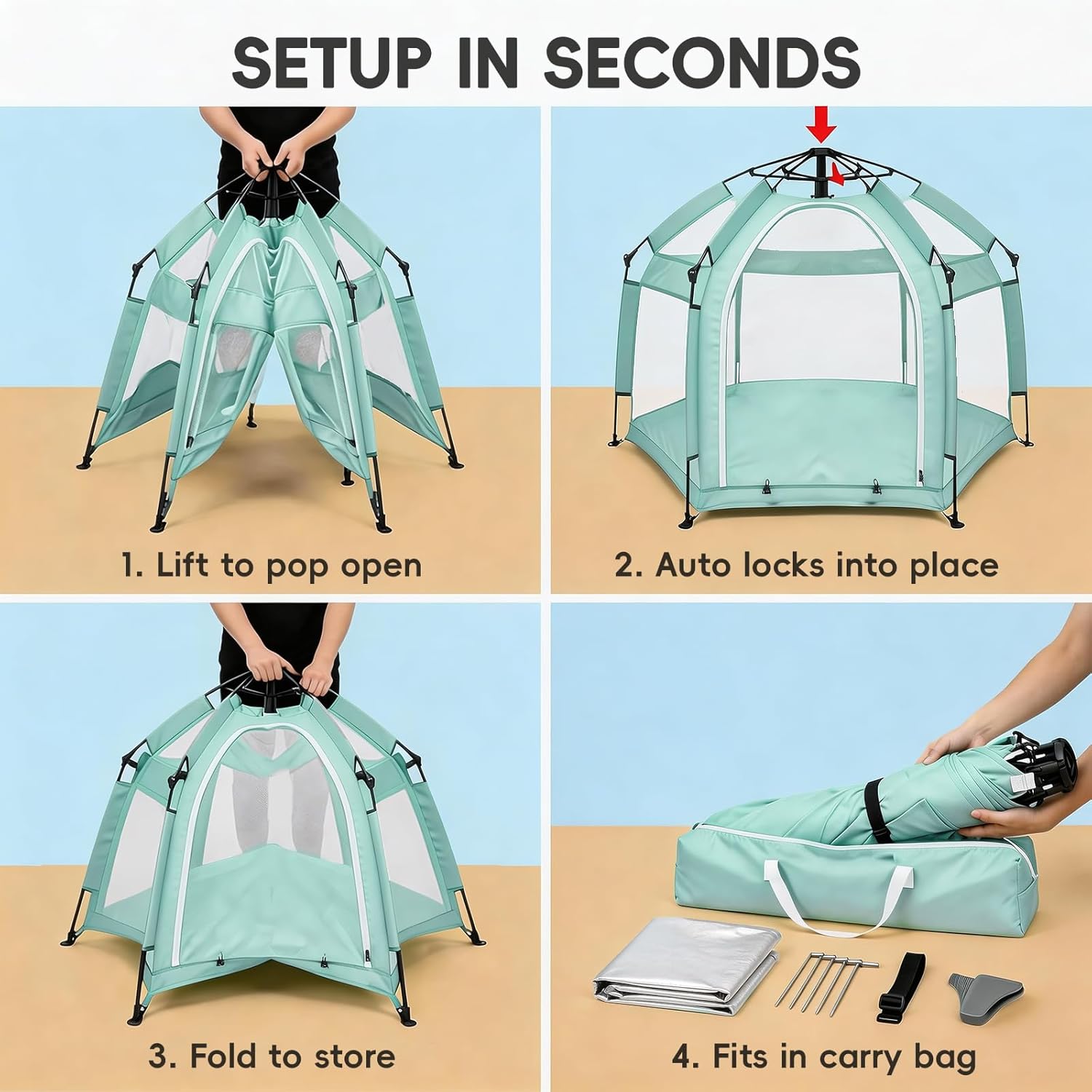 Palopalo Mint Green Pop Up Baby Beach Tent - UPF50+ Sun Protection Canopy & Mosquito Net, Instant Setup Portable Playpen for Indoor & Outdoor Play, Lightweight Pack and Play Yard