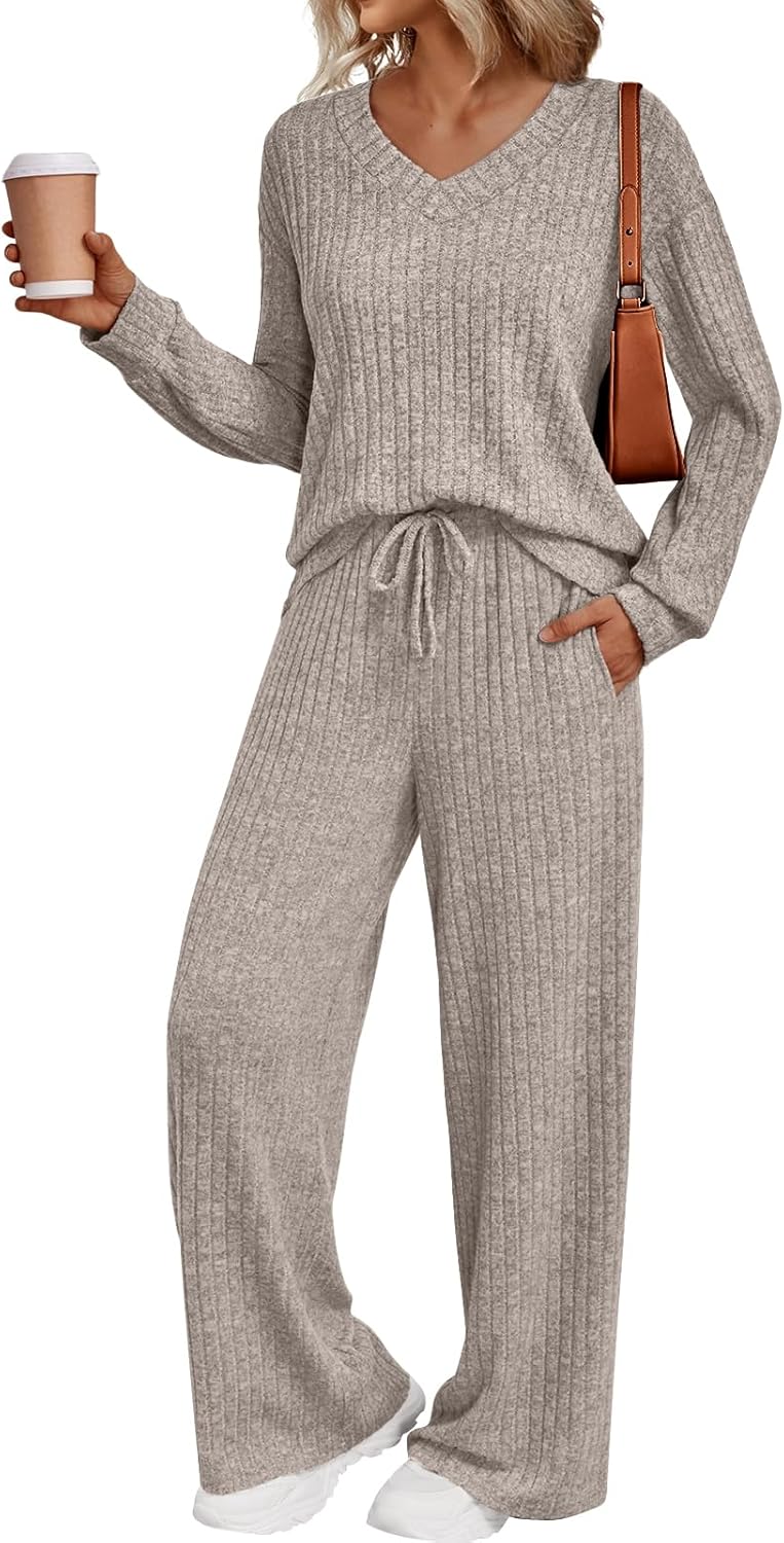 LILLUSORY Lounge Sets for Women 2 Piece Cute Long Sleeve V Neck Tops Pajama Pants Pjs Sets Sleepwears Fall Clothes Outfits