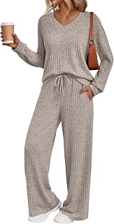 Lillusory Women's Ribbed Lounge Set V-Neck Wide-Leg Travel Airport Outfit