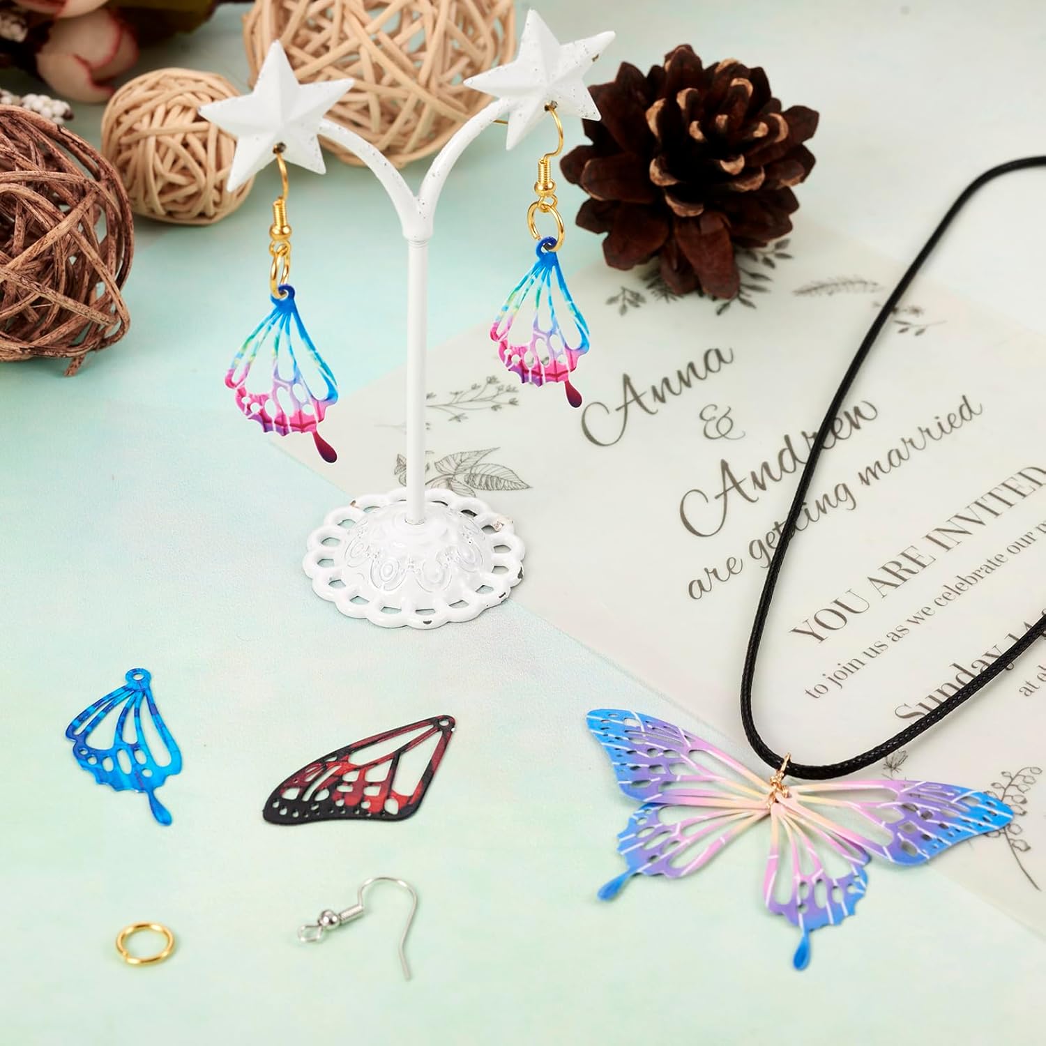 Craftdady 48Pcs Filigree Butterfly Wing Charms Earring Making Kit Stainless Steel Fairy Wing Charms with Earring Hooks & Open Jump Rings for Women Crafts DIY Jewelry Making Supplies