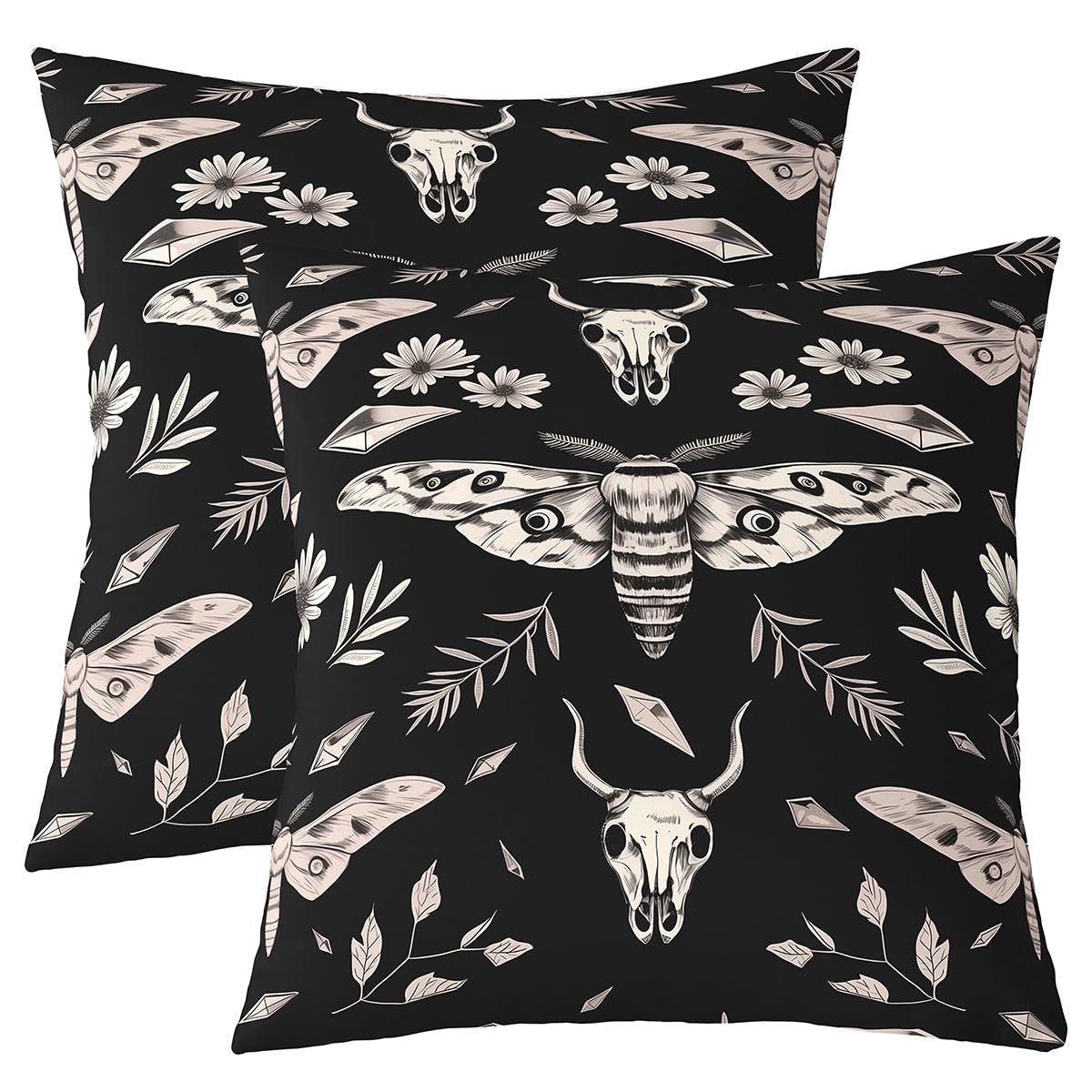 Kissenbezüge Set von 2 45x45cm Gothic Moth Kinder Kissenbezug Exotischer Stier Schädel Kissenabdeckungen werfen Hippie Schwarz Dekorative Kissenbezüge für Jungen Mädchen Goth Tod Schmetterling
