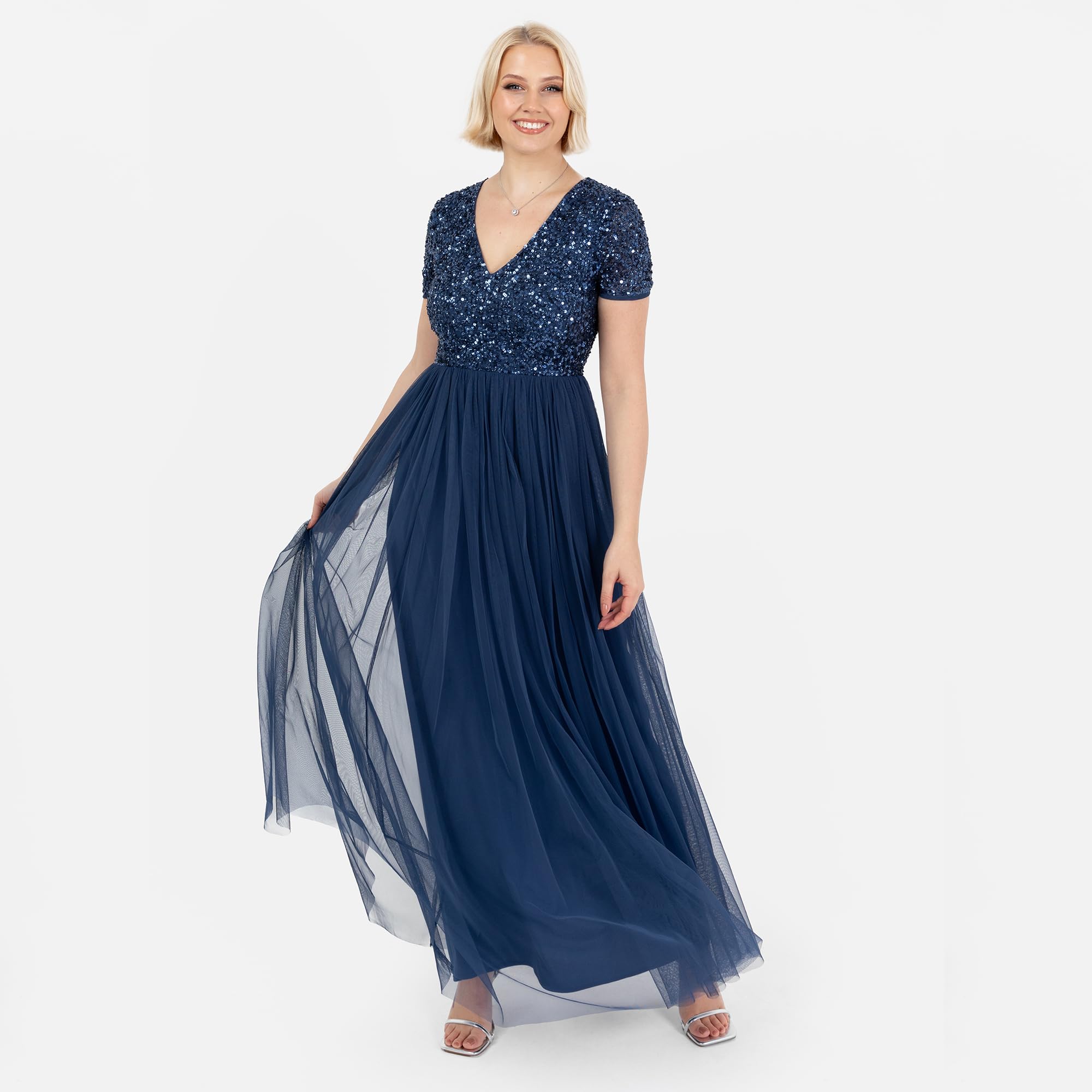 Maya Deluxe Damska sukienka maxi z dekoltem w kształcie litery V, z krótkim rękawem, talia Empire, na studniówkę, dla druhny, na wesele, francuska granatowa, 10, Francuski granat, 36