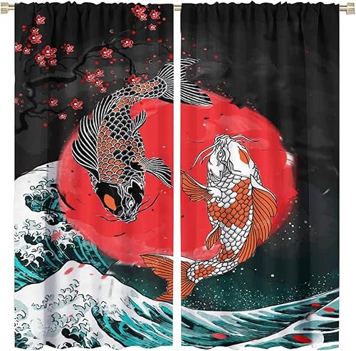Cortinas japonesas de peces koi, estilo asiático Koi, puerta de habitación, ventana, cortina con bolsillo para cortinero para dormitorio, cocina,