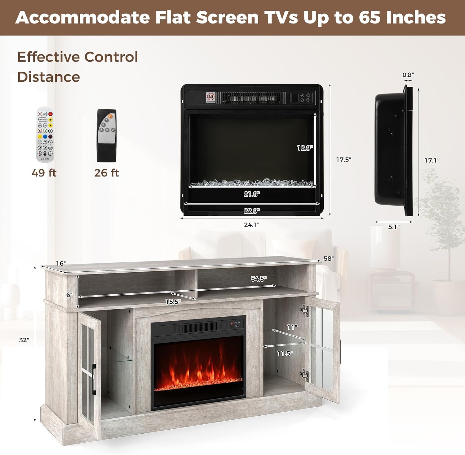 RELAX4LIFE 58" Electric Fireplace TV Stand, Media Entertainment Center with Fireplace Heater Insert, LED Lights, Remote Control & Storage, TV Console Table for TVs Up to 65" (Grey)