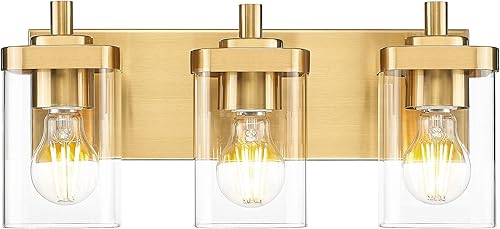 VL194-BG-3 - Lámpara de tocador de baño sobre espejo, 3 luces de oro cepillado con pantalla cuadrada de vidrio transparente, apliques de pared