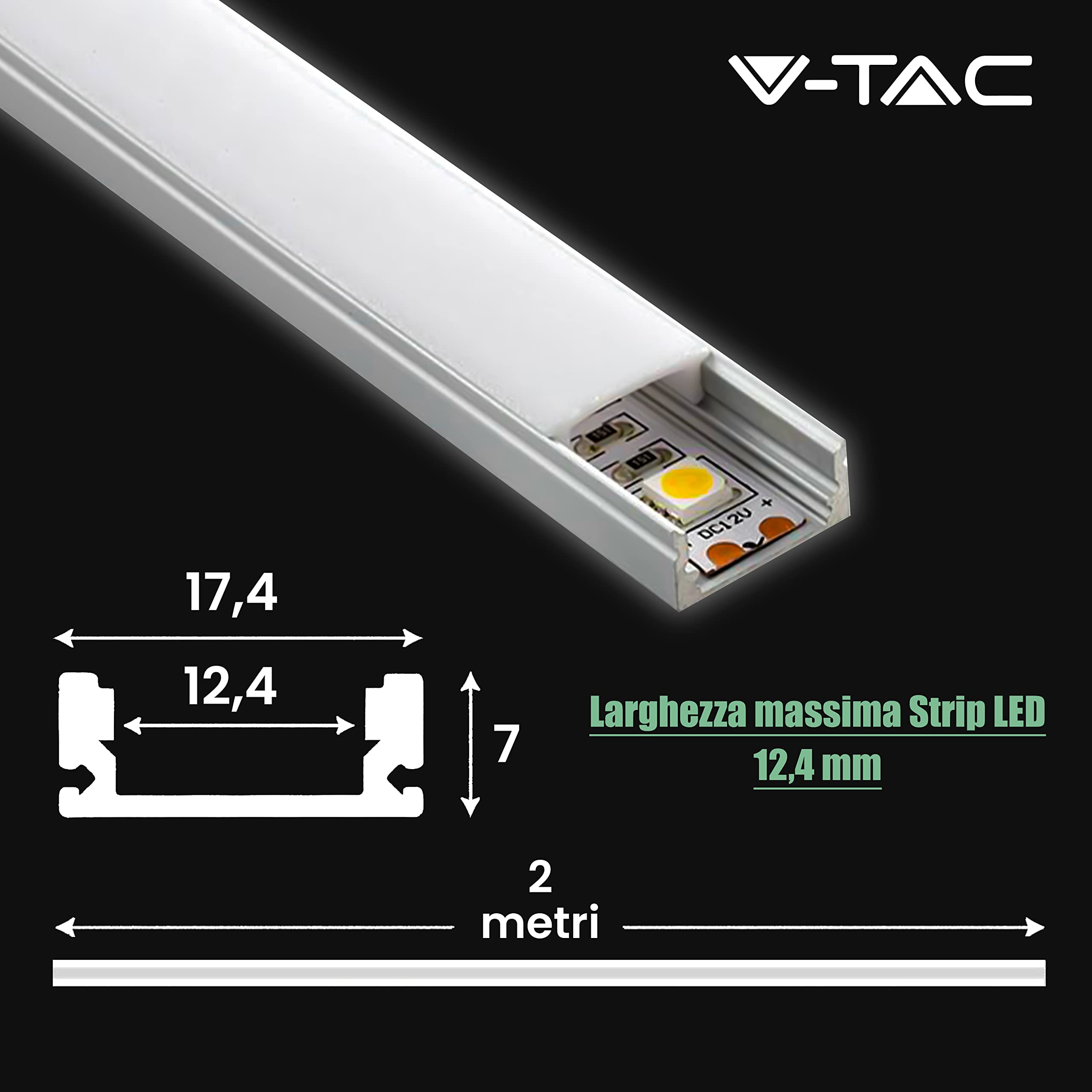 V-TAC 20x Profili per Strisce Led da 2 METRI Rettangolari in Alluminio - (40 Metri Totali) - Profili per Strisce LED Copertura Opaca - Ingombro max Striscia Led 12,4 mm - Dimensioni 17,4 x 7 mm