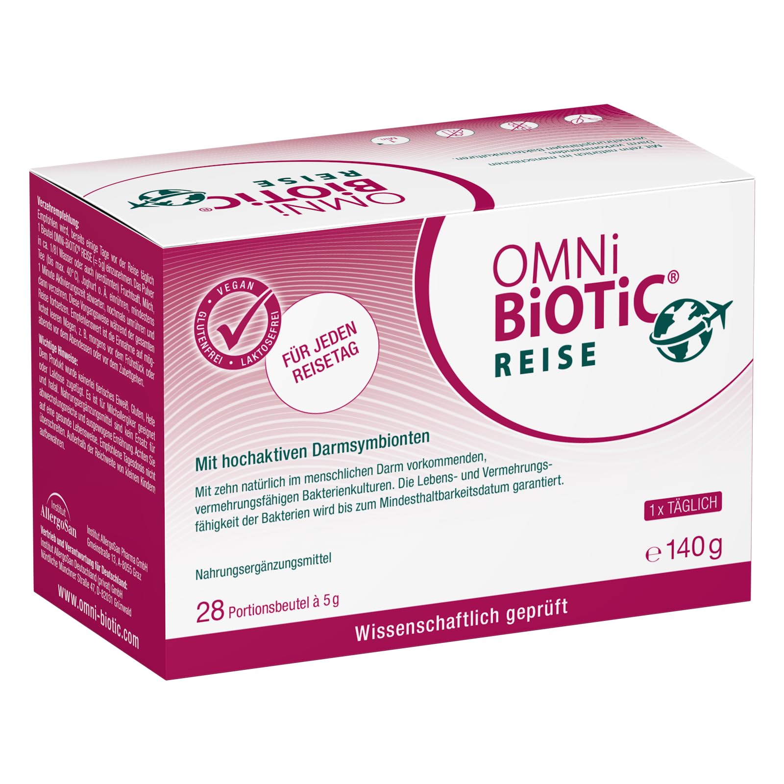 OMNi BiOTiC Reise | Für jeden Reisetag | 28 Portionen (140 g) | 10 Bakterienstämme | 5 Mrd. Keime pro Tagesdosis | Pulver | Vegan | Glutenfrei | Lactosefrei | Zur täglichen Anwendung