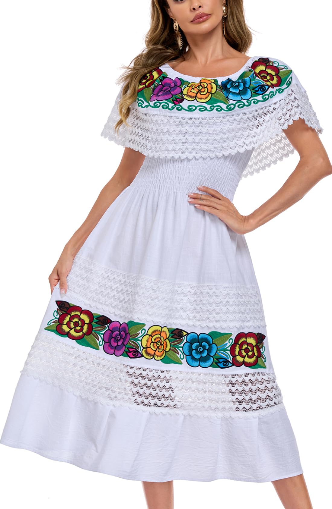 Women Embroidered Mexican Dress Peasant Floral Sexy Off-Shoulder Long Dress