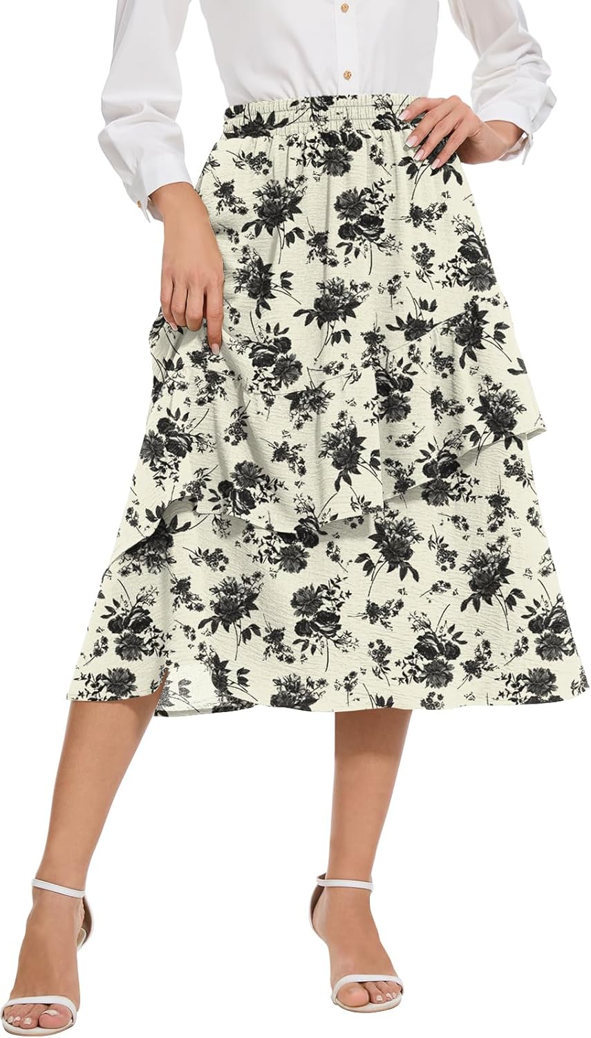 Women's Boho Tiered Midi Skirt Vintage Summer Elastic High Waist Skirt Ruffle A-Line Flowy Skirts with Pockets - Image 4