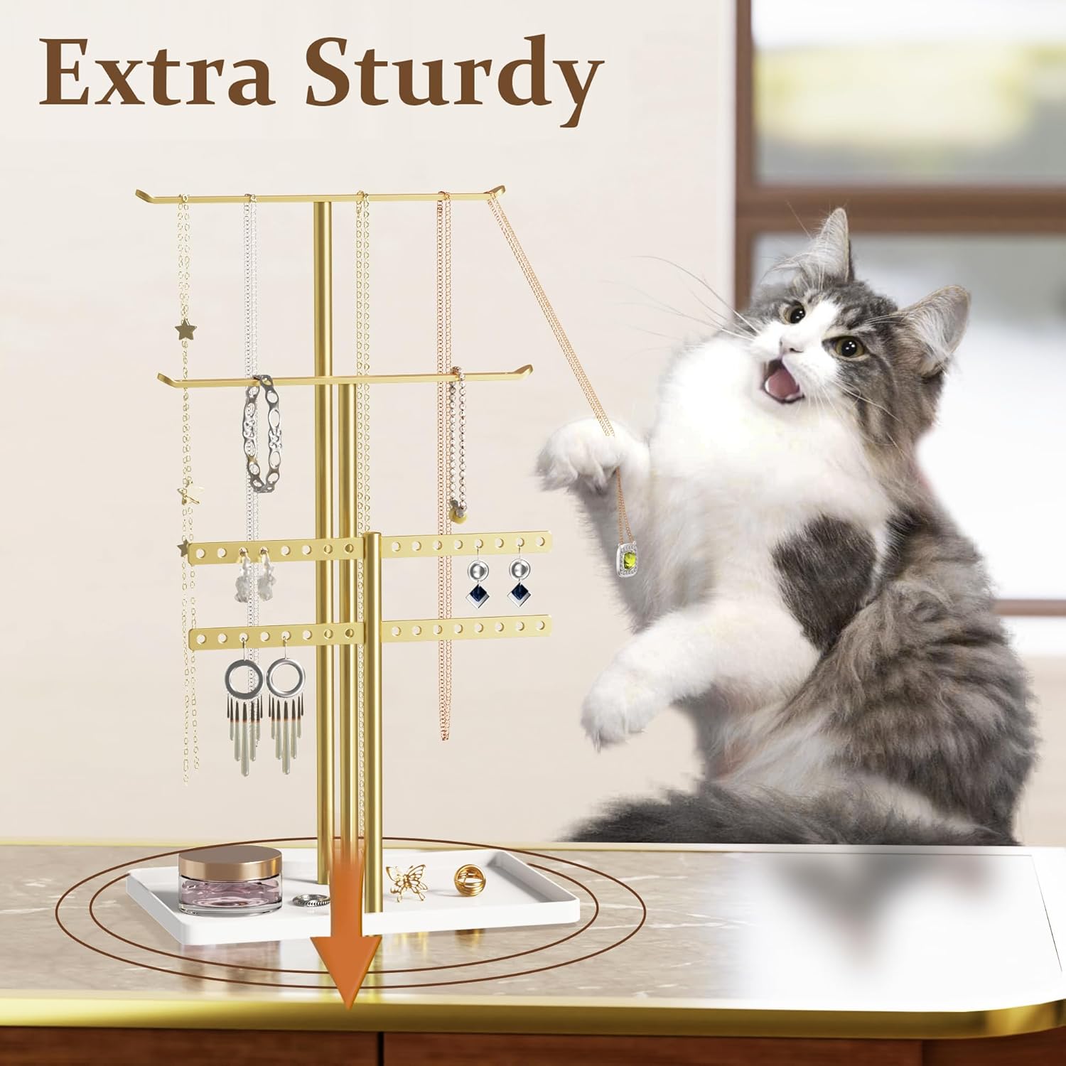 pickpiff Jewelry Stand Holder Organizer: 14.5" Sturdy Hanger for 80 Pcs Jewelry, Gift for Women, Gold Jewlery Tower for Necklace, Earring, Bracelet - Image 4