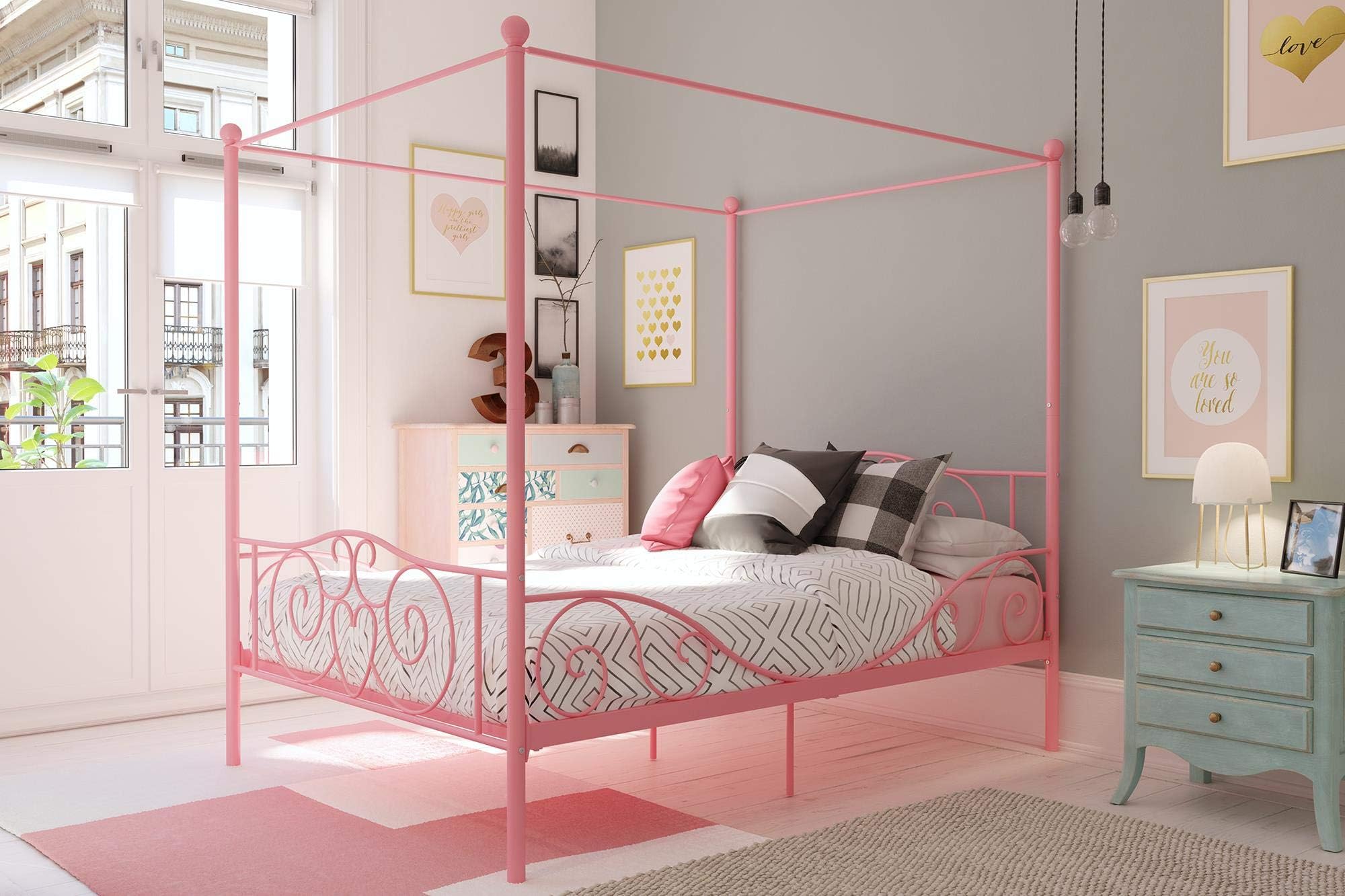 DHP Metal Kids Platform Bed with Four Poster Design, Scrollwork Headboard and Footboard, Underbed Storage Space, No Box Sring Needed, Full, Pink Canopy