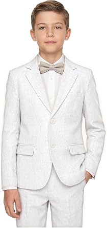 Boys Linen Suit Slim Fit 2pcs Beach Formal Wedding Ring Bearer Outfit Tuxedos for Kids Summer Casual Blazer Dress Pants Suit