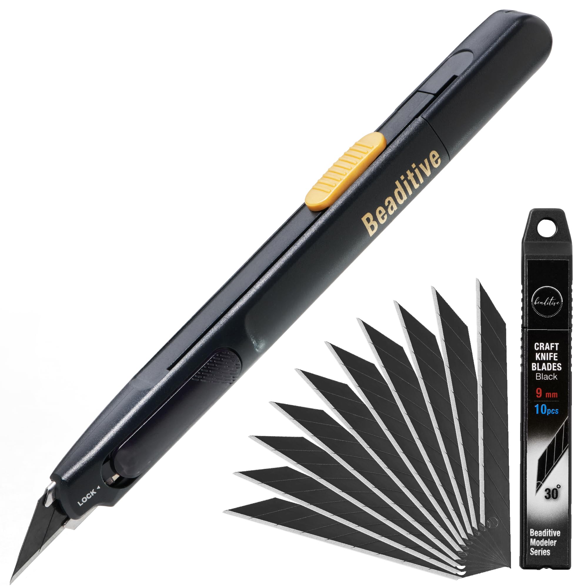 Beaditive High Precision Detail Craft Knife Pro - 30 Degree Blade Utility Knife - Art, Craft, Model Making (1 Pro Knife, 10 Black Blades)