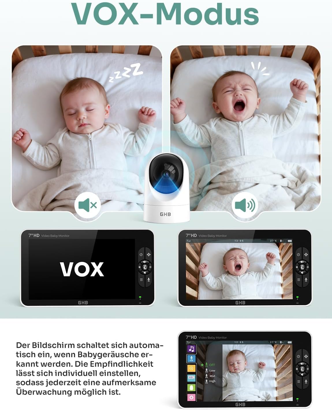 GHB Babyphone mit Kamera 7 Zoll 1080P IPS Display 168 Stunden Akkulaufzeit im VOX Modus 4X Zoom Max. 4 Kameras unterstützt Gegensprechen