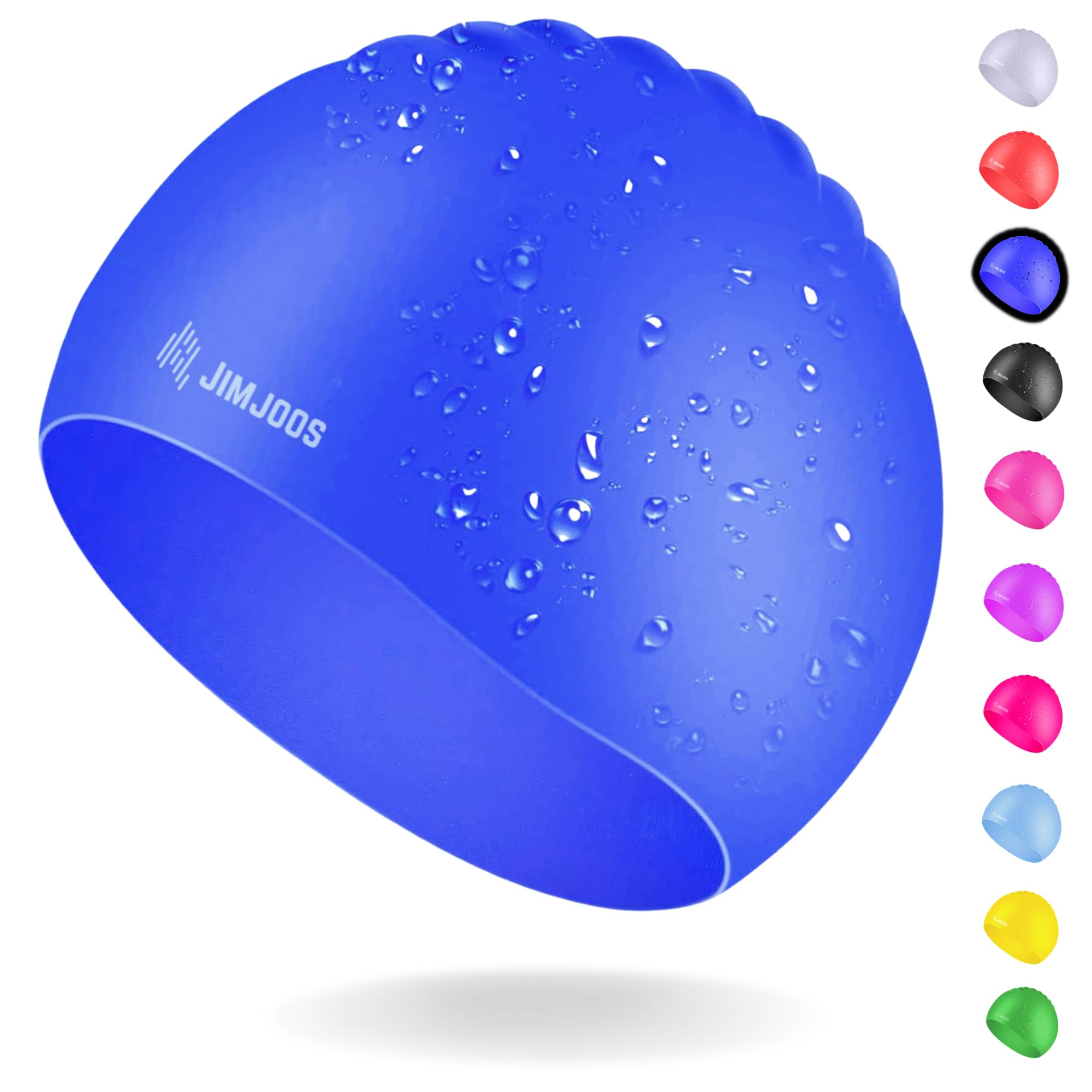 JIMJOOS Kids Swimming Cap 3–14 Years - Silicone Swim Cap for Boys & Girls - Anti-Slip, Stretchable, Waterproof Swimming Hat - Durable, Odour-Free Swim Hat with Protective Pouch (BLUE, 9-14 Years)