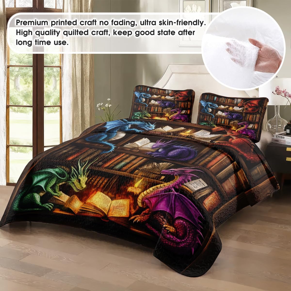 Personalized Book Dragon Quilt Bed Set, Dragon Quilted Blanket Bedding Set - Dragon Bedding Set Twin Set Dragon Bookshelf Decor Dragon Lover Gift (Colorful Dragon, Throw/Twin/Queen/Full/King)