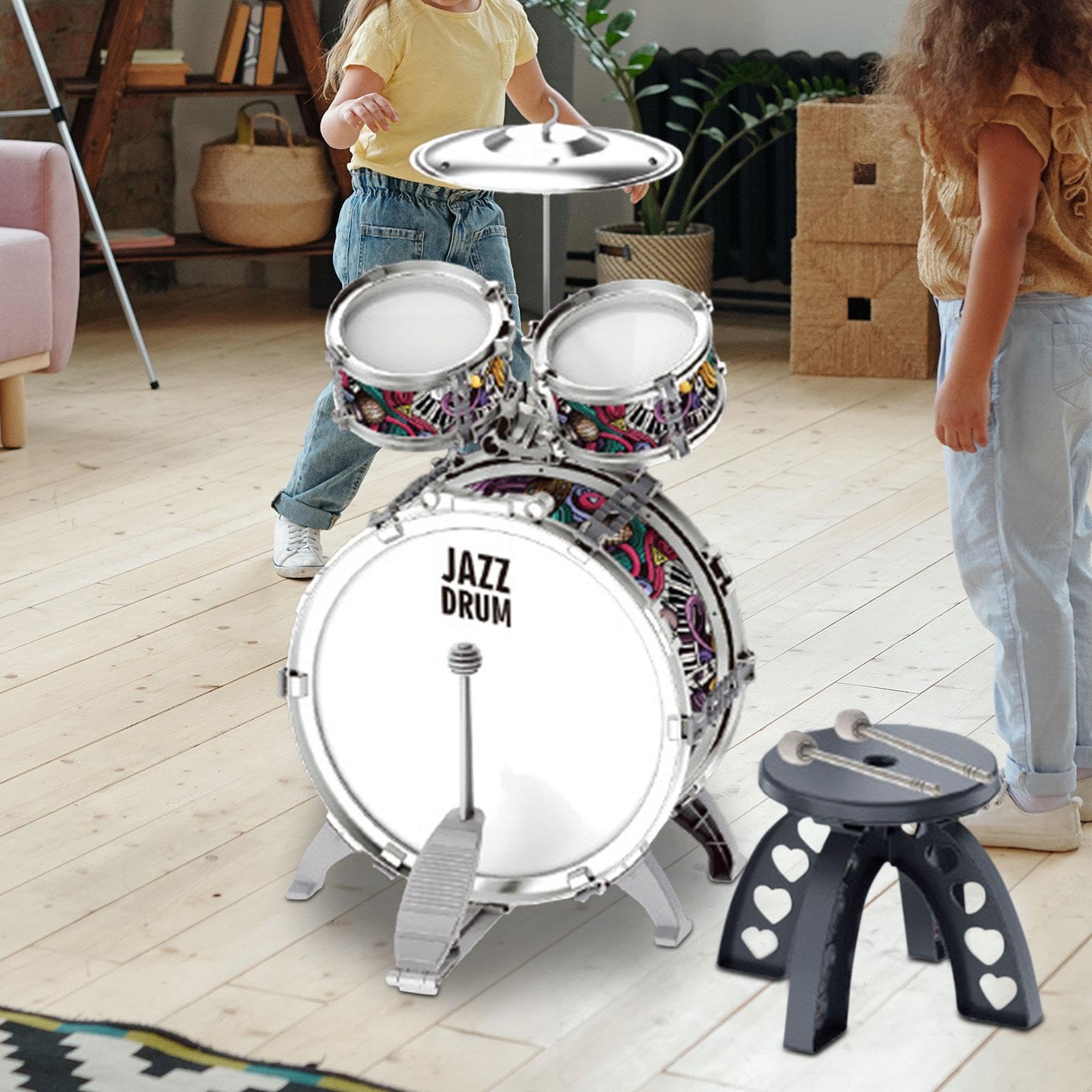 3 Piezas Batería Infantil Jazz Tambor Set Instrumento Musical Percusión con Silla Juguete Educativo Material PVC Adecuado para Niños Niñas Cumpleaños, 3 en 1