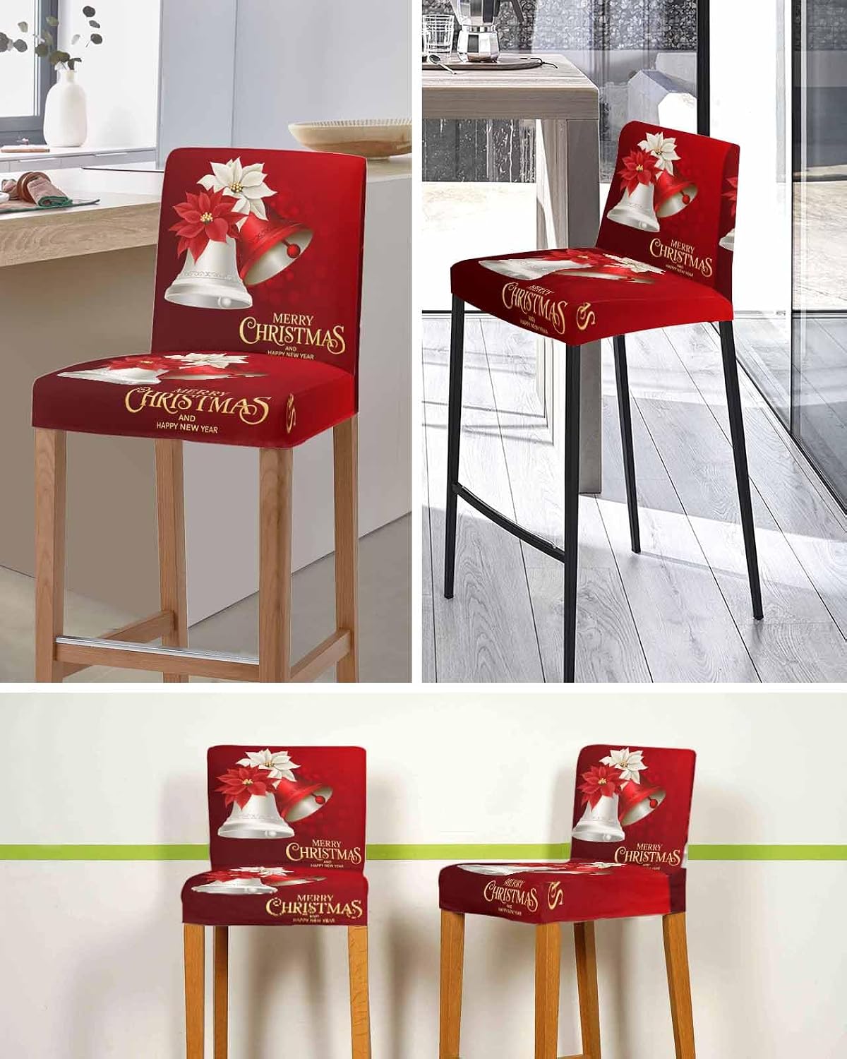 Christmas Poinsettia Bell Bar Stool Cover Set of 6, Red White Xmas Merry Christmas Stretch Bar Chair Cover, Removable Washable Pub Counter Stool Chair Slipcover for Kitchen Dining Room Pub Cafe