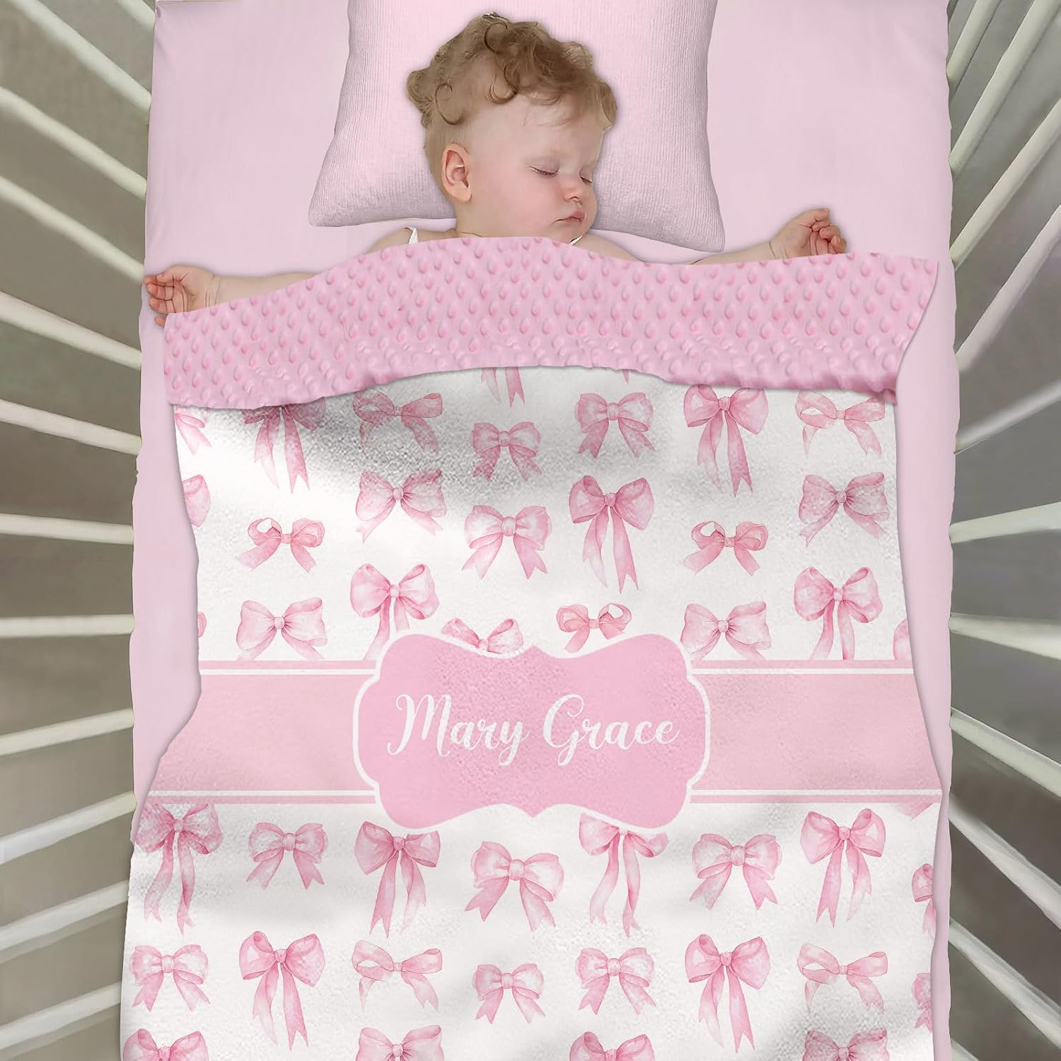 Personalized Baby Blanket with Name for Girls – Custom Pink Bow Minky Blanket, Soft Newborn Infant Toddler Nursery Bedding, Baby Gift for New Mom, Crib Stroller Travel Keepsake
