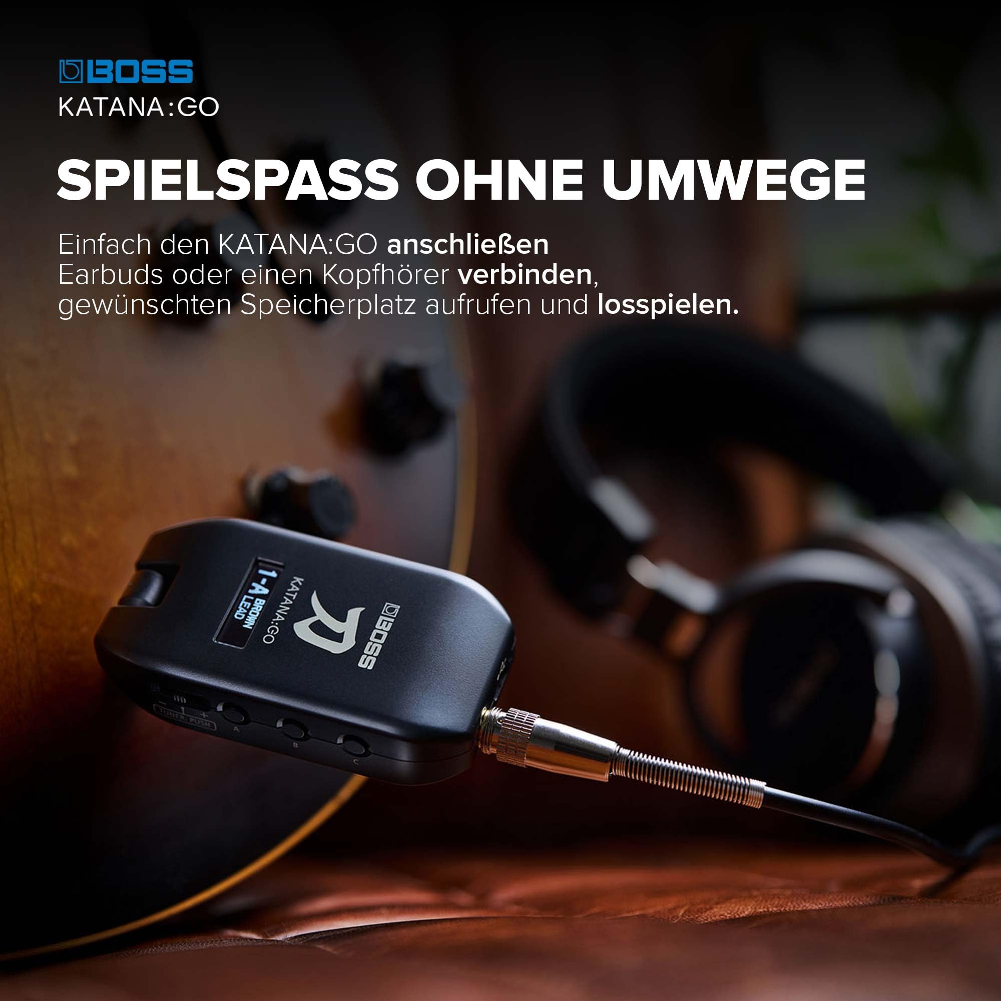 BOSS Katana:GO, Personal Headphone Amplifier für Gitarre & Bass, Spielfertige Sounds aus den Katana Bühnenverstärkern, Innovative Raumklangtechnologie, Bearbeite Sounds & streame Backingtracks