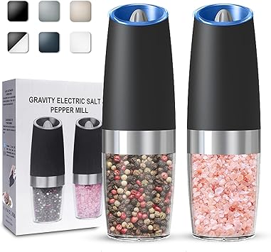 Gravity Electric Salt and Pepper Grinder set of 2, Automatic Salt And Pepper Grinder Set, Adjustable Roughness, Battery Powered, LED Light, 2 Pack, (Black)