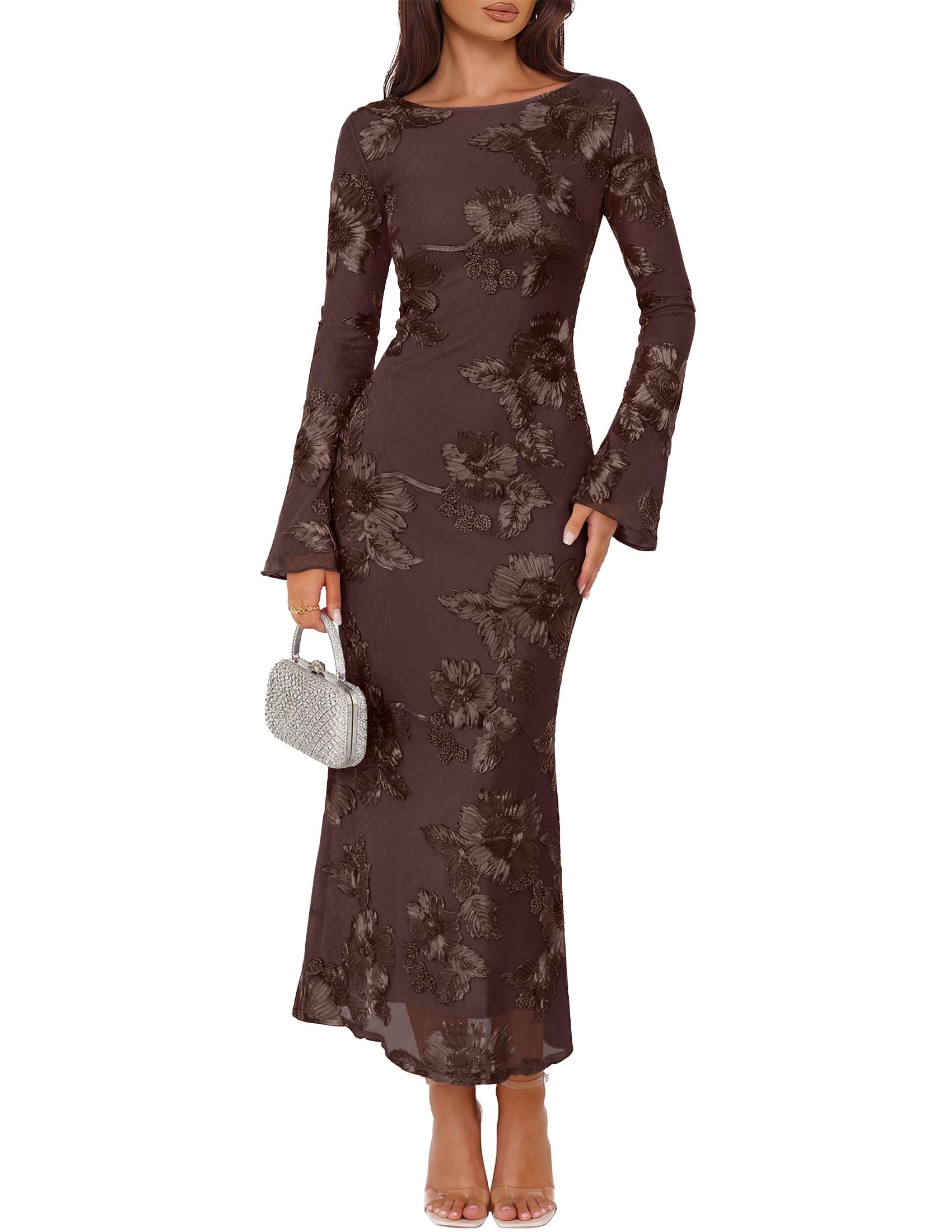 Women Fall Long Sleeve Wedding Guest Cocktail Midi Dress
