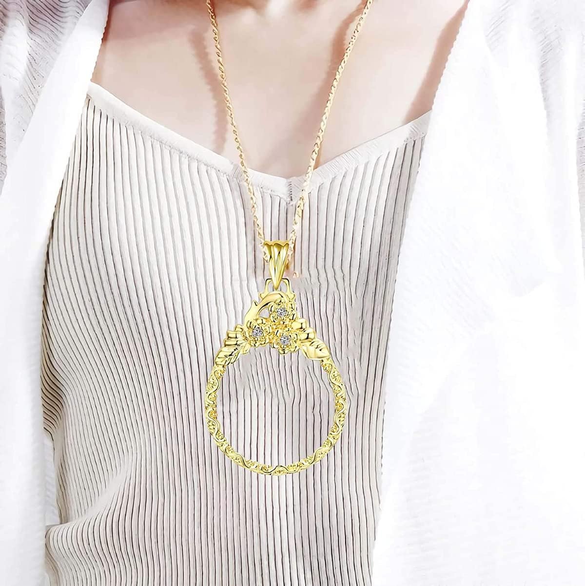 5X Magnifying Glass Necklace, Monolithic Magnifying Glass Pendant, Ladies Magnifying Glass Necklace, Elderly 5X Magnifying Glass for Reading, Zoom, Silver Necklace for Mom Jewelry (Gold)