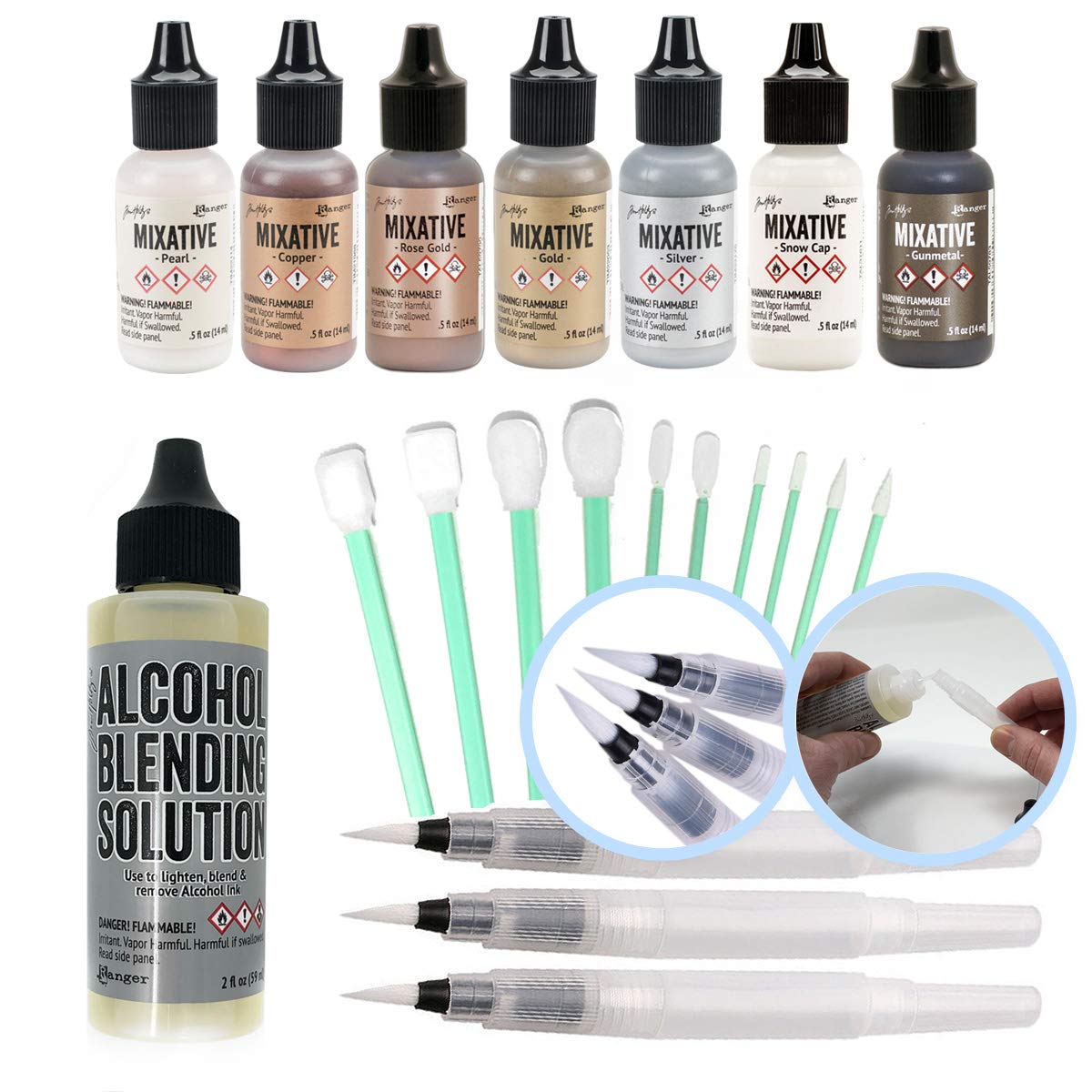 Ranger Tim Holtz Alcohol Ink Mixatives (All 7 Colors), 2-Ounce Ranger Blending Solution, 3 Pixiss Blending Brush Pens, 10 Pixiss Precision Ink Blending Tools