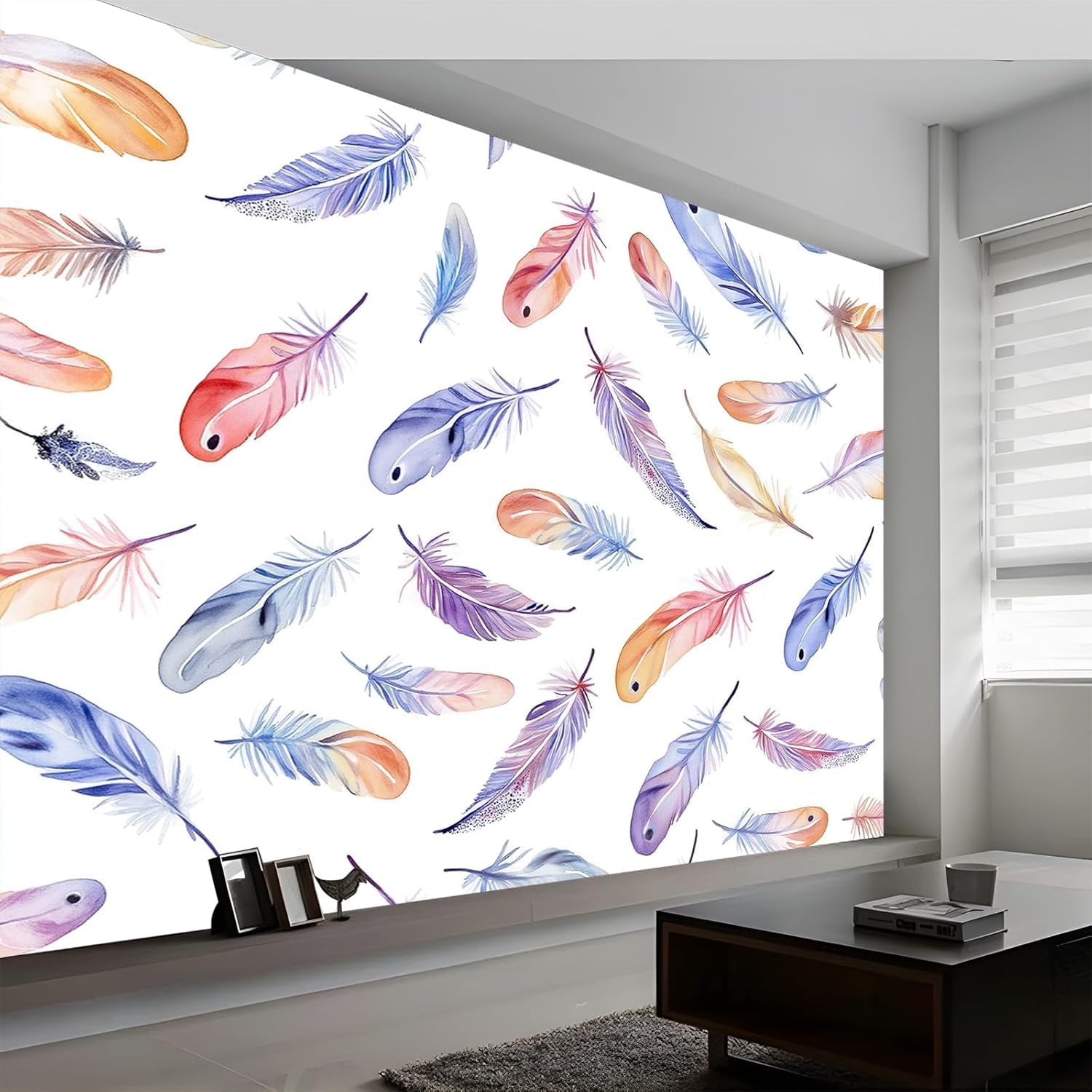 Papier peint intissé plume pour agrandir un salon avec un effet 3D