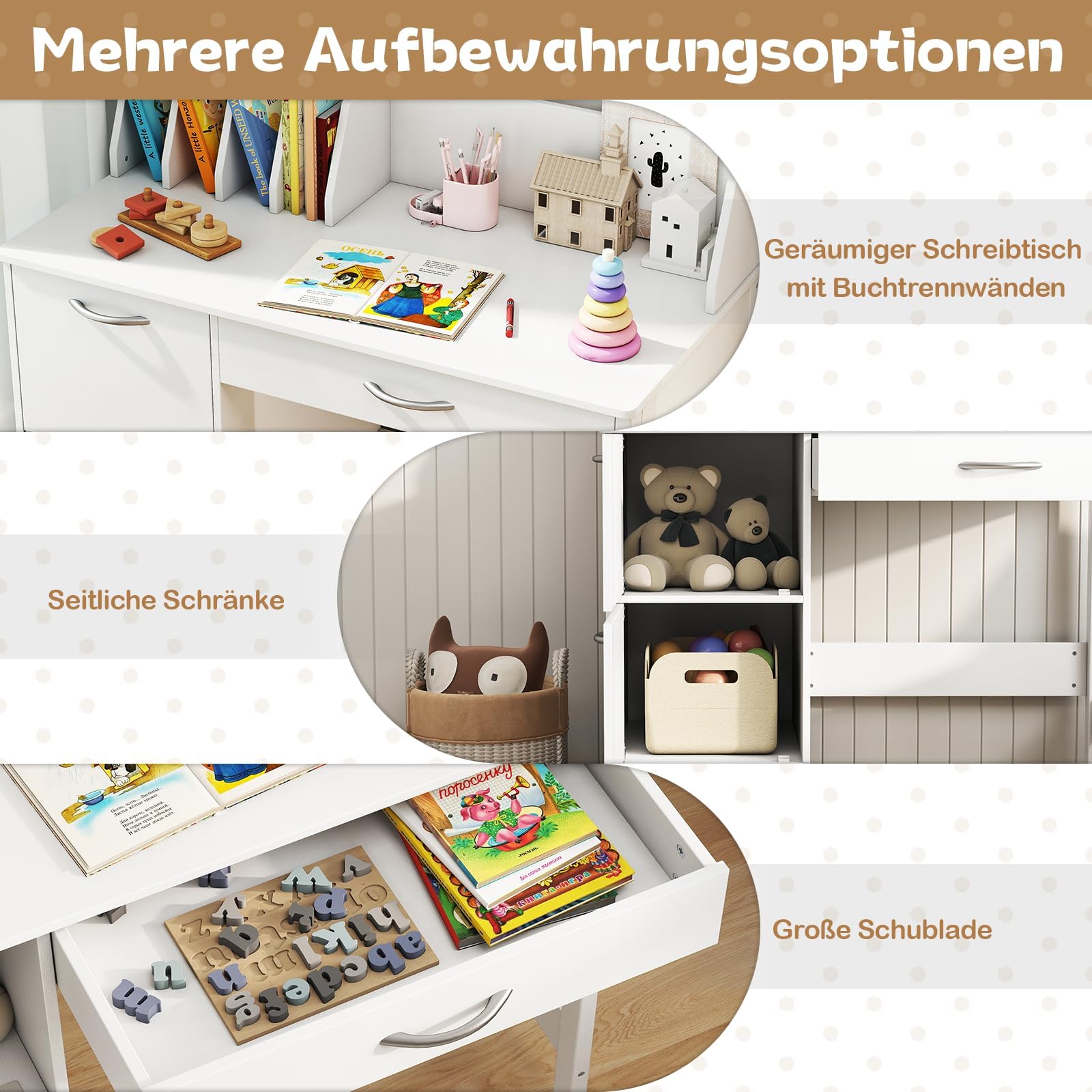 COSTWAY Schreibtisch Kinder Set mit Stuhl, Kinderschreibtisch mit Stauraum, Schülerschreibtisch mit Regal, offener Ablage & Schrank, Jugendschreibtisch für Jungen & Mädchen ab 3 Jahren (Weiß)