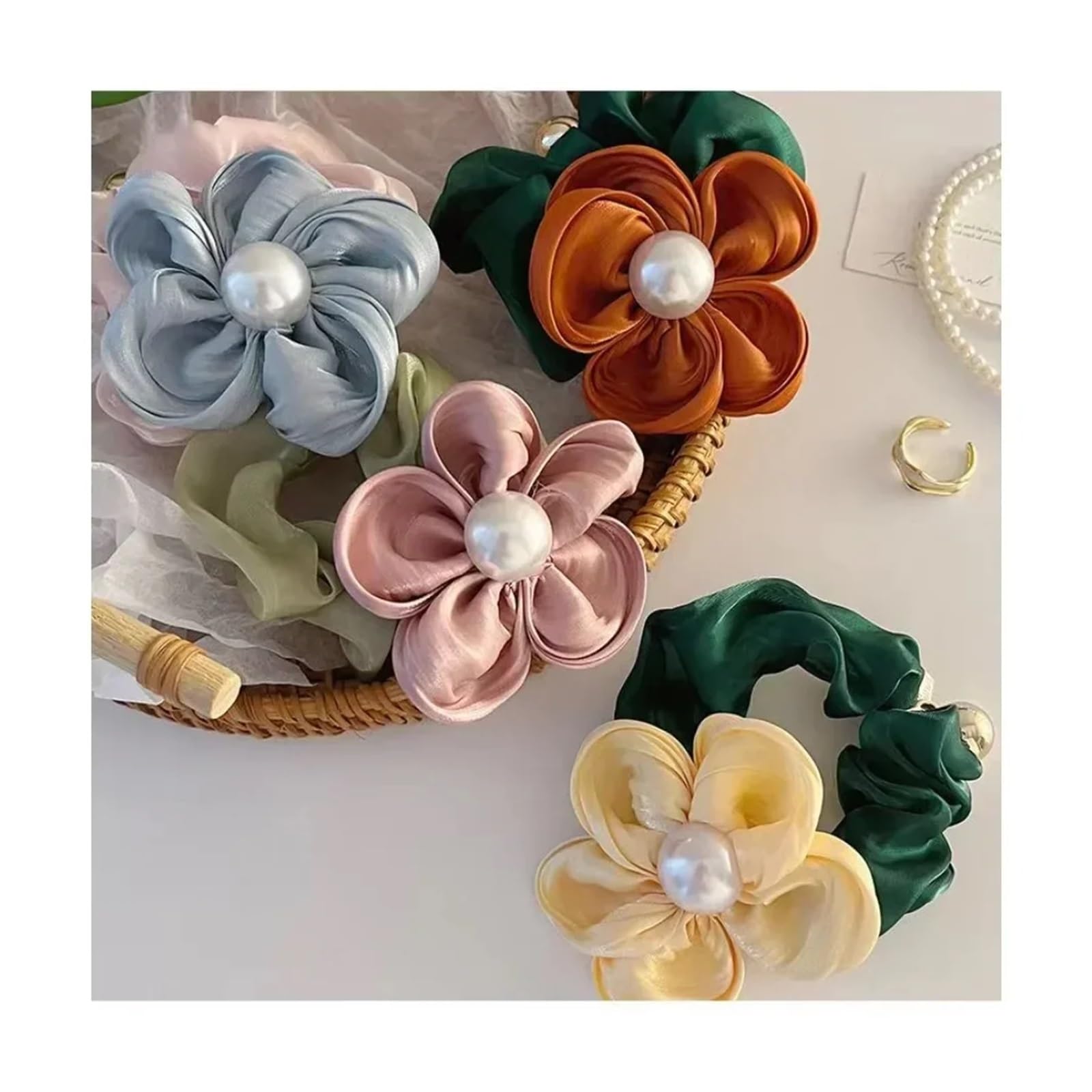 Coleteros Pelo Mujer 4 piezas elegantes de cuerdas for el cabello con flores perla, coleteros elásticos organza, accesorios for, tocados(Orange)