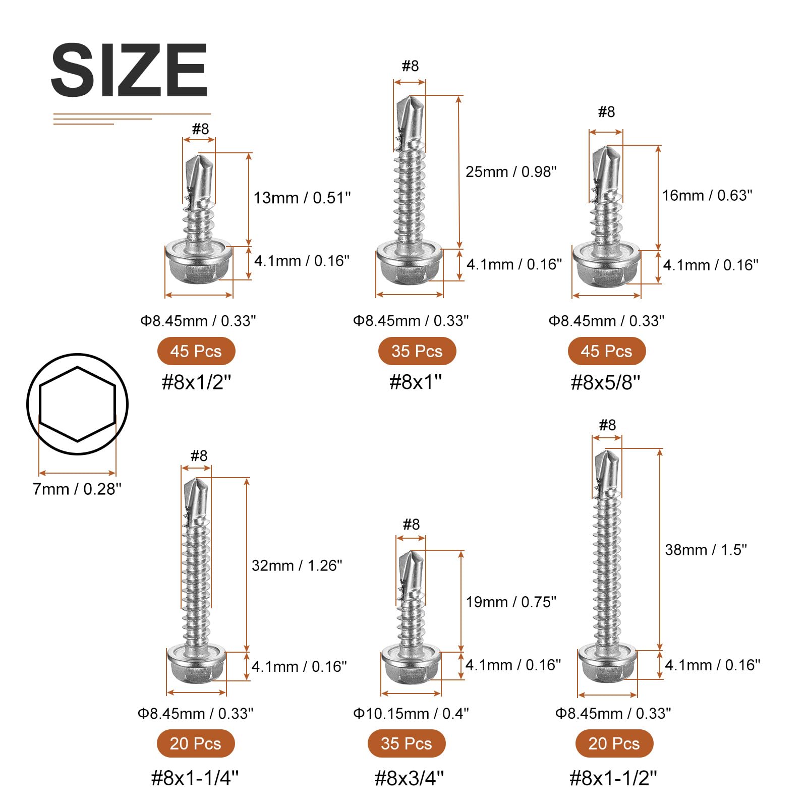DTGN 200Pcs #8 Hex Washer Head Self Drilling Screws Kit, 410 Stainless Steel Self Tapping Sheet Metal Screw Assortment Kit - Image 2