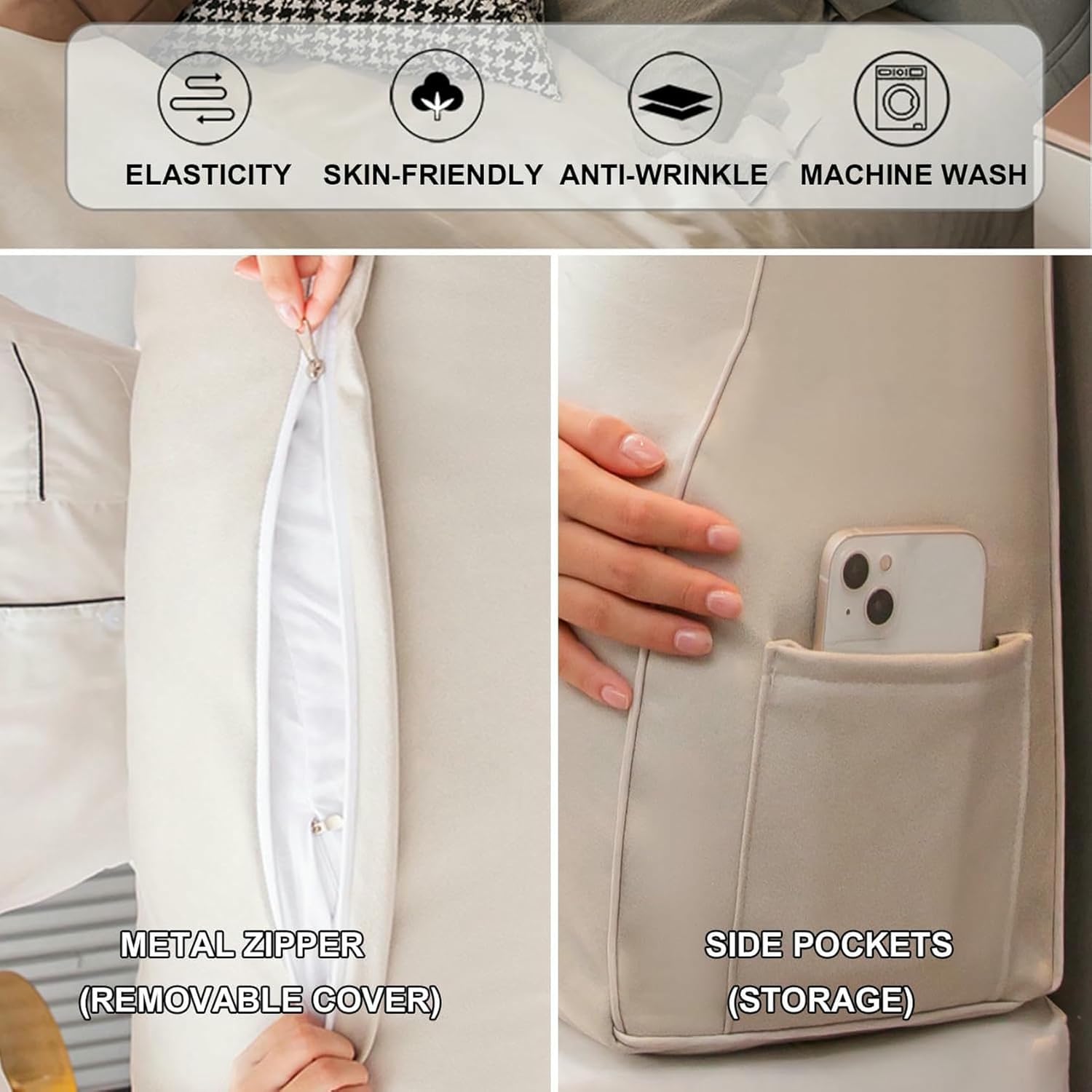 Large Wedge Reading Pillow,Zippered Headboard Cushion Triangular Backrest,Solid Color Bed Rest Bolster Daybed Bunk Bed Dorm Cushion with Removable Cover~/