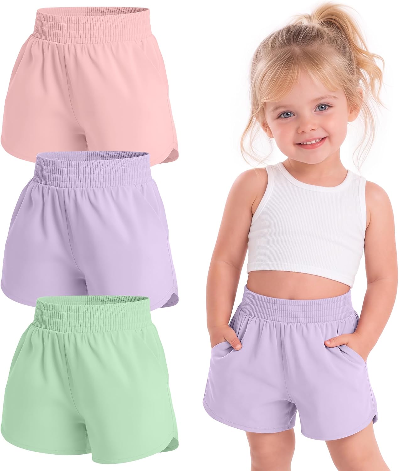 3 Pack Toddler Girls' Athletic Shorts with Liner 2 in 1 Kids Quick Dry Mid Waist Elastic Soccer Shorts with Pockets