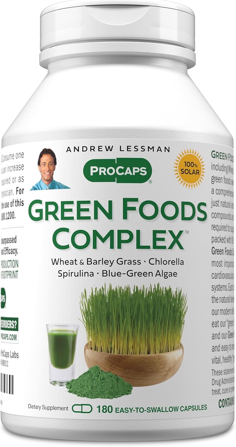 ANDREW LESSMAN Green Foods Complex 180 Capsules - Supplies Building Blocks for Healthy Tissue Growth, Liver Support. 100 mg Each of Barley Grass, Wheat Grass, Blue Green Algae, Chlorella, Spirulina