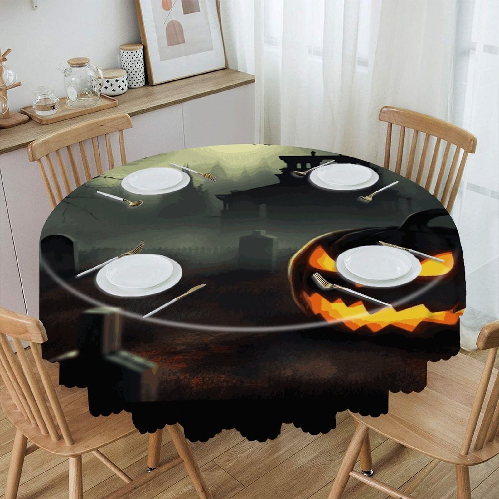 Btcowzrv Style Halloween Horror Polyester Round Tablecloth 59.84 Inch, Decorative Washable Table Cover, Table Cloth For Restaurant Picnic Indoor And Outdoor Dining