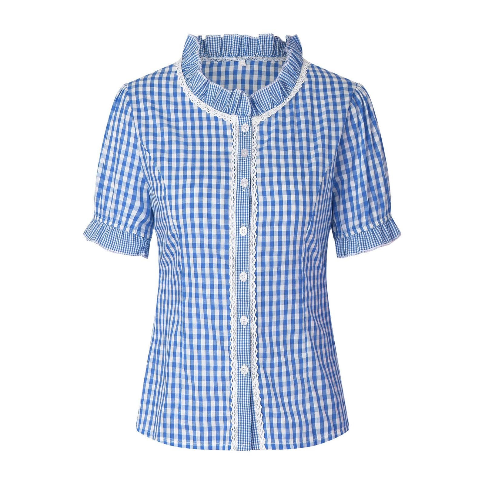 Generisch 2026 Damen Oktoberfest Trachtenbluse Rot Weiß Kariert Volksfest Karneval Karo Knöpfe Top für Zeltfest Mode