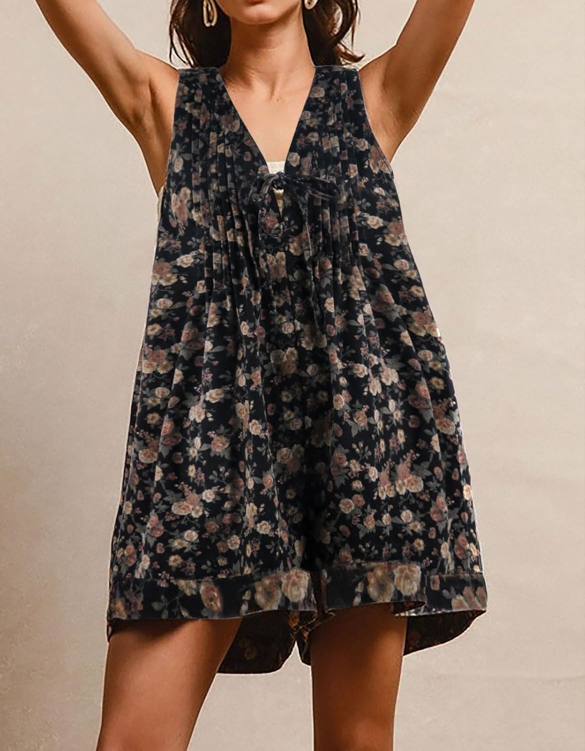 loveimgs Women Sleeveless Floral Print Denim Romper Shorts Ruffle Jean Overall Dress Front Tie Flowy Jumpsuit Summer 2025 - Image 4