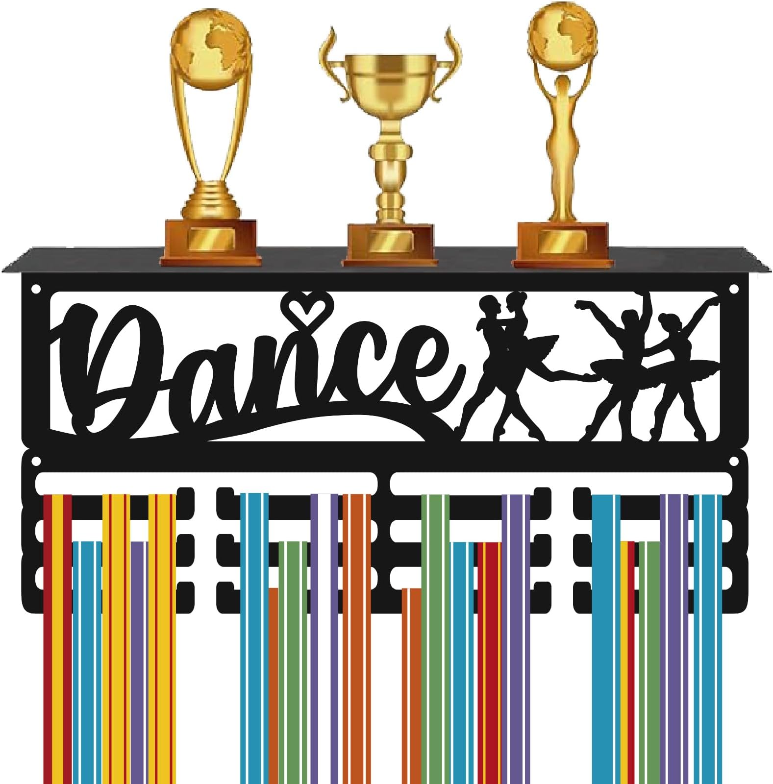 CREATCABIN Dancer Medal Holder Trophy Shelf Display with 12 Hooks Dance Metal Medal Hanger for Wall Mount Hold 60+ Sports Awards Ribbons Organizer Hooks with Shelf for Dancing Race 15.7x8x4Inch