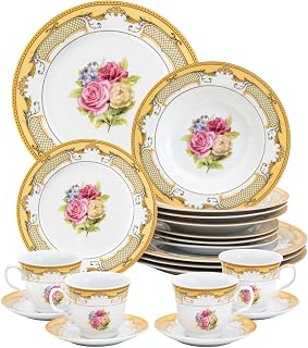 Gorgeous 20 Piece Dinnerware Set - Rose Design Service for 4 - Porcelain Floral Dish Set with Plates and Bowls, Kitchen Plates, Dishes - For Every Day Dishes and Formal Occasions (Roses Gold 2020)