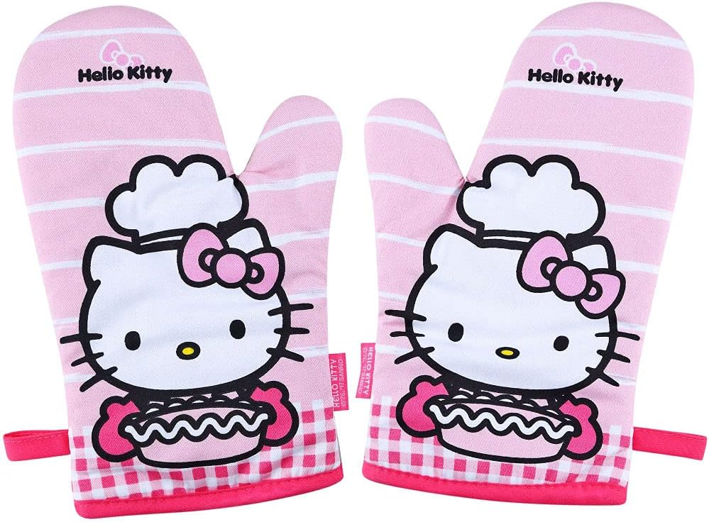 CHEFMADE Hello Kitty Oven Mitts with Gift Box, 2Pcs Heat Resistant Kitchen Gloves, Kitty Kitchen Maid Print for Baking Cooking Outdoor BBQ & Grill