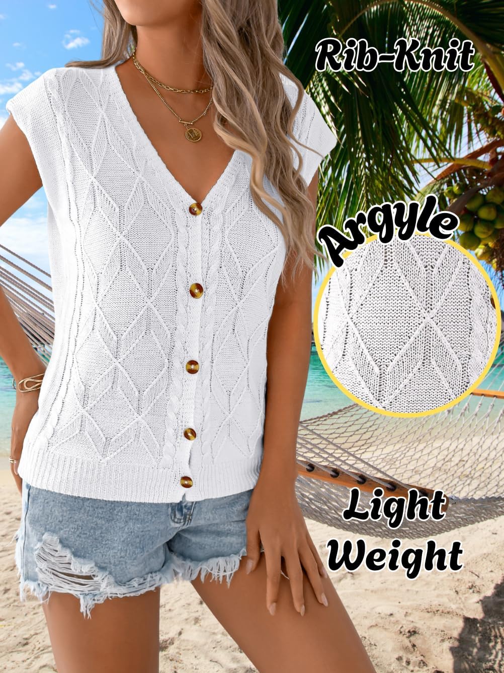 Women Cap Sleeve V Neck Sweater Vest Top, Cable Knit Button Down Cardigan Sweaters, Lightweight Trendy Casual Outfits