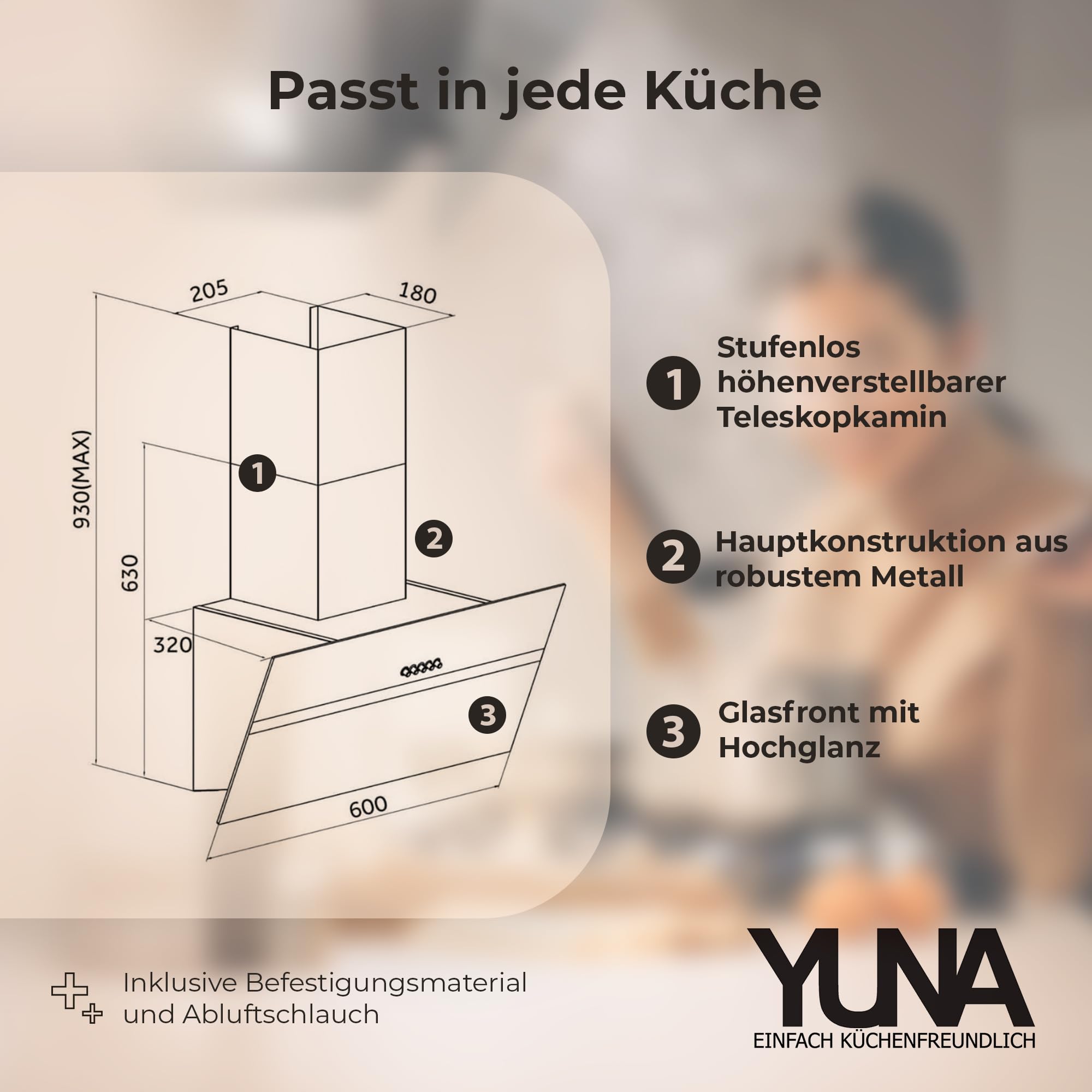 YUNA Dunstabzugshaube DUSANKA 60 cm Schwarz Glasfront 3 Leistungsstufen 47W Motorleistung Energieeffizienz A Abluft Umluft Kopffrei LED Beleuchtung Ohne Kohlefilter Wandhaube