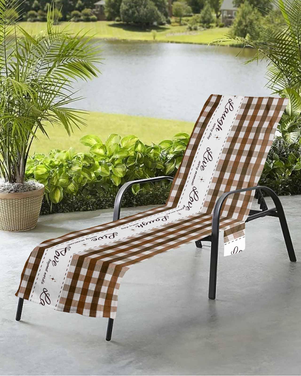 Buffalo Brown Beach Chair Towel Covers for Chaise Lounge with Side Pocket, Soft Plush Pool Towels Cover for Patio Sunbathing Outdoor Live Love Plaid Laugh Motivational Quote 29''x85''