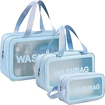 PVC Makeup Bag Travel Toiletries Organizer Cosmetic Bags Wash Bag Pouch, Portable Case, Set of 3 (Blue)